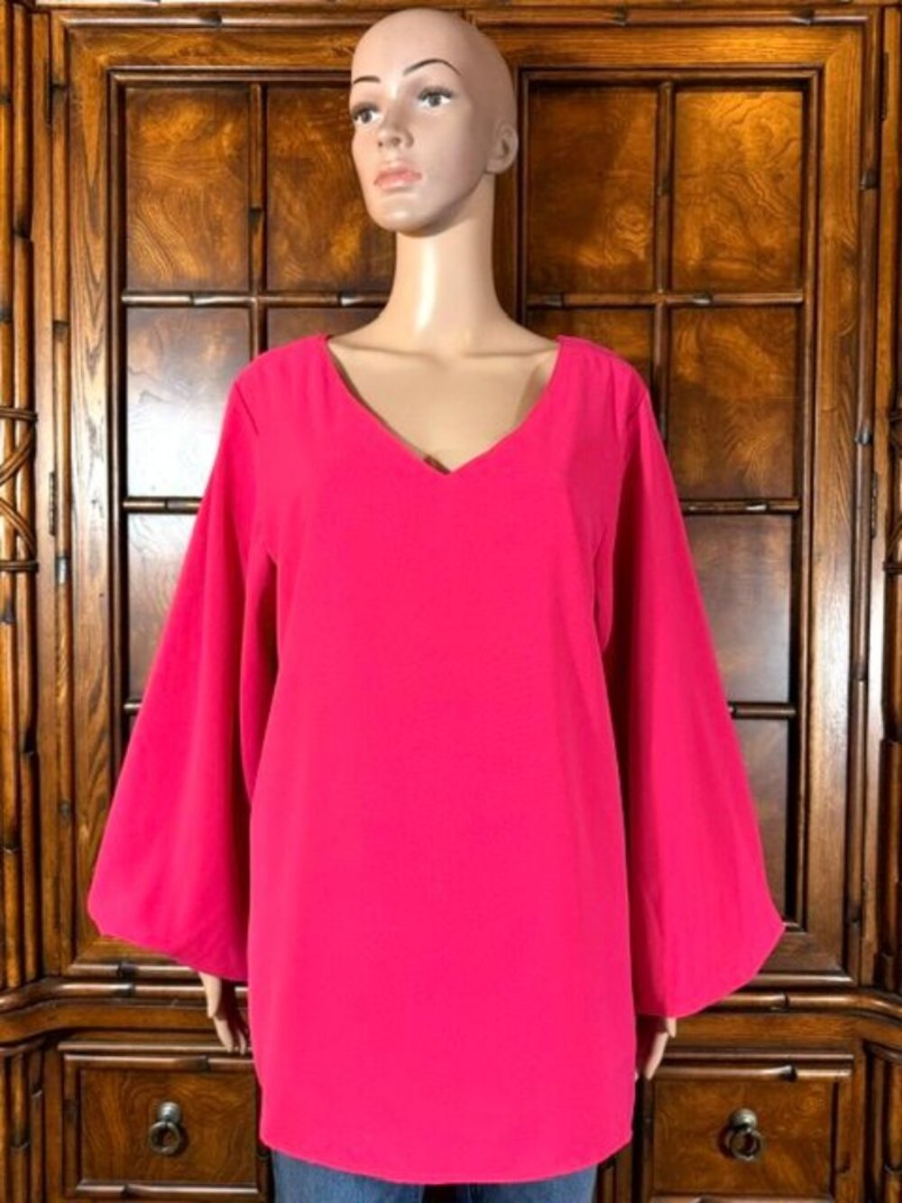 Qearal Pink Punch Vneck Balloon Sleeve Top